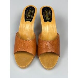 Montgomery Ward Women's Brown Leather Wood Heel Mule Shoes Size 7M Made in Italy